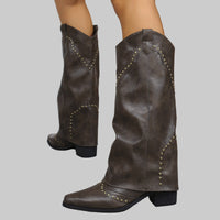 Retro Rivet High Top Western Cowboy Boot Women Long Mid Heel Pointed Toe Slip on Knight Boots Long Bootsh