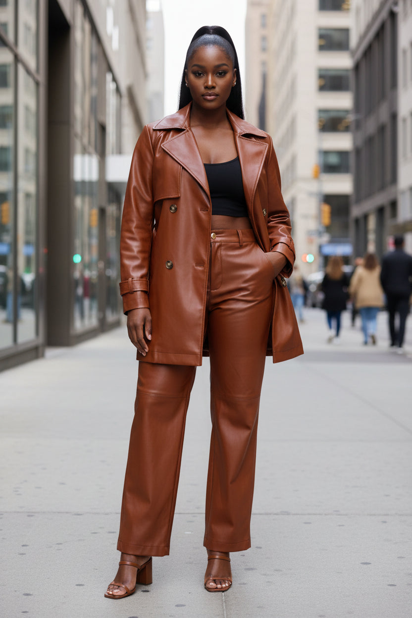 Design Brown Leather Coat Women Clothing Autumn Leather Jacket Mid Length Coat - Modestly Vogue 