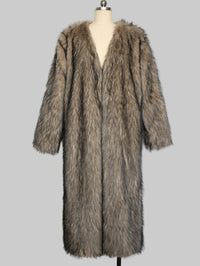 Collarless Faux Fur Coat Long Plush Coat - Modestly Vogue 