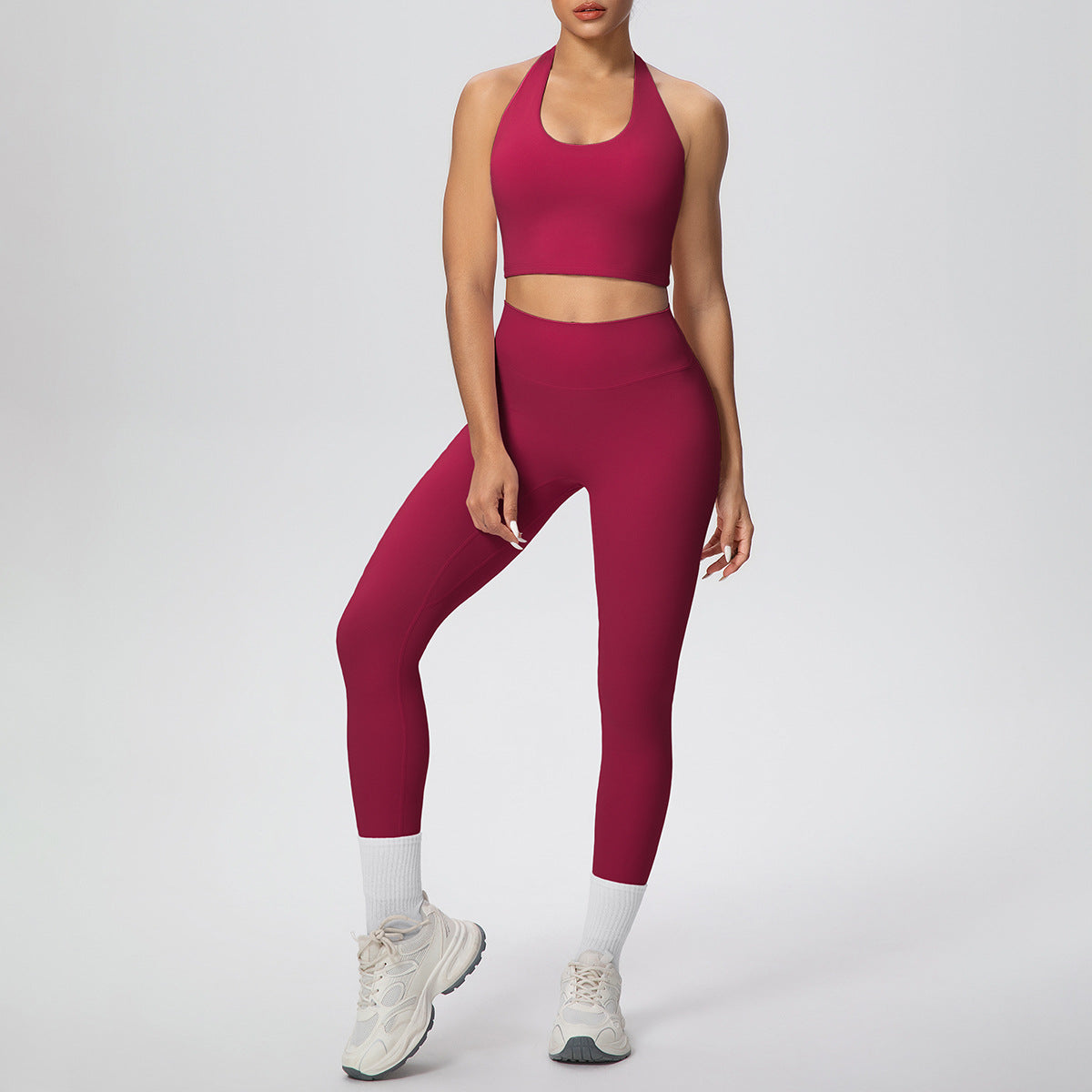 Solid Color Halter Beauty Back Exercise Bra Gathering Vest Running Body Shaping Exercise Workout Pants Yoga Two Piece Sets - Modestly Vogue 