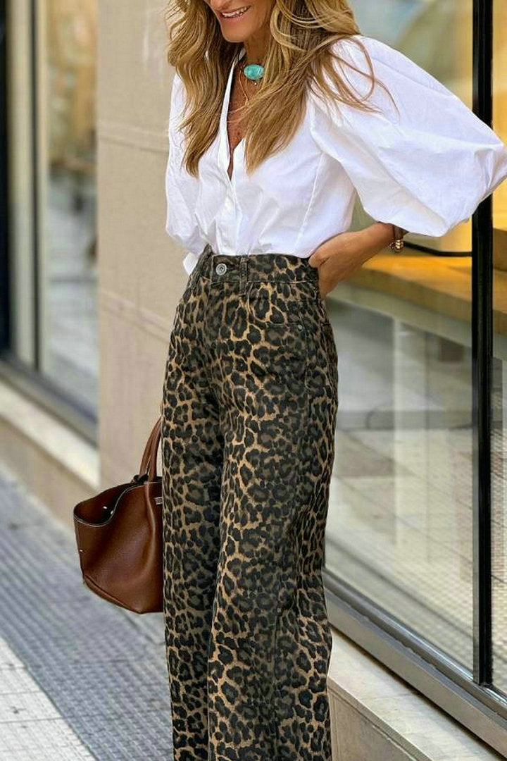 V neck Puff Sleeve White Shirt High Waist Retro Leopard Print Wide Leg Pants Two Piece Sets - Modestly Vogue 