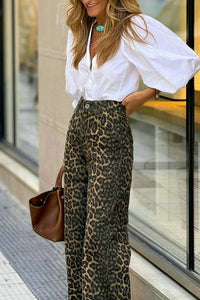 V neck Puff Sleeve White Shirt High Waist Retro Leopard Print Wide Leg Pants Two Piece Sets - Modestly Vogue 