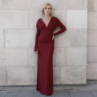 Elegant Pleated Waistline Slimming  V Neck Long Maxi Dress - Modestly Vogue 