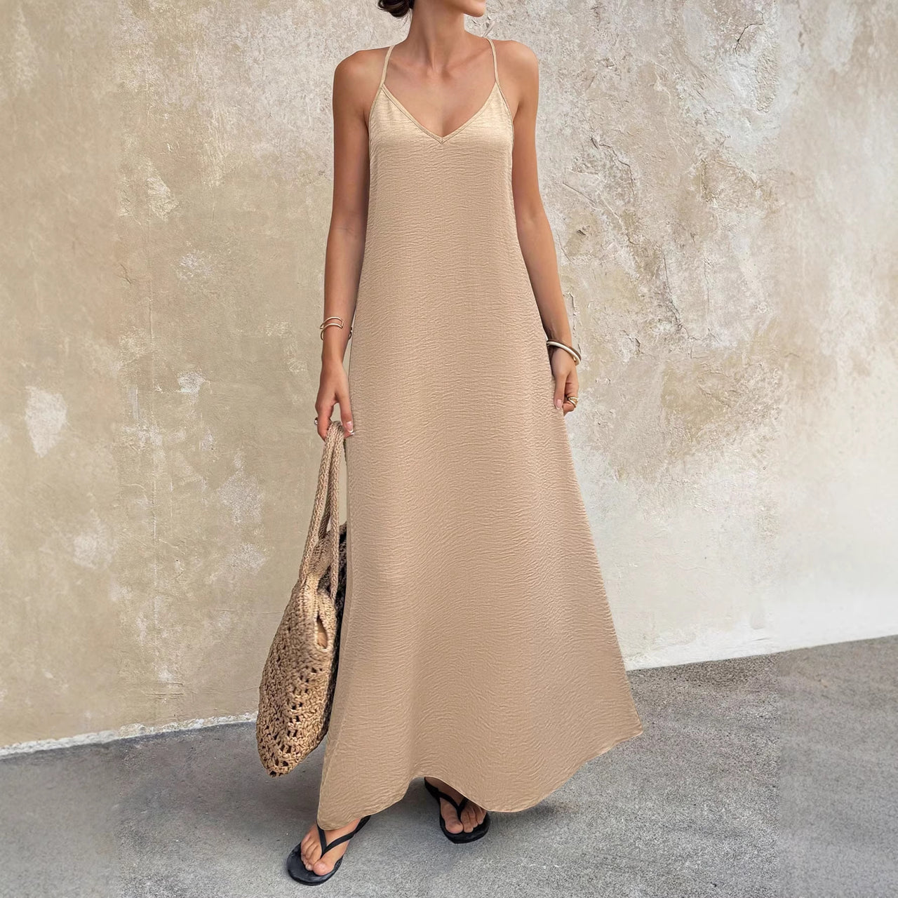 Casual Solid Color V neck Backless Sexy Sleeveless Strap Elegant Dress - Modestly Vogue 