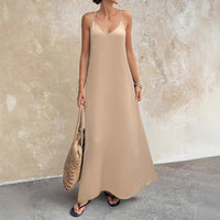Casual Solid Color V neck Backless Sexy Sleeveless Strap Elegant Dress - Modestly Vogue 