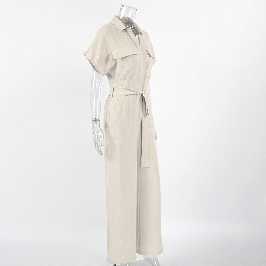 Light Khaki Textured Lace Up Waist Jumpsuit Short Sleeve Jumpsuit - Modestly Vogue 