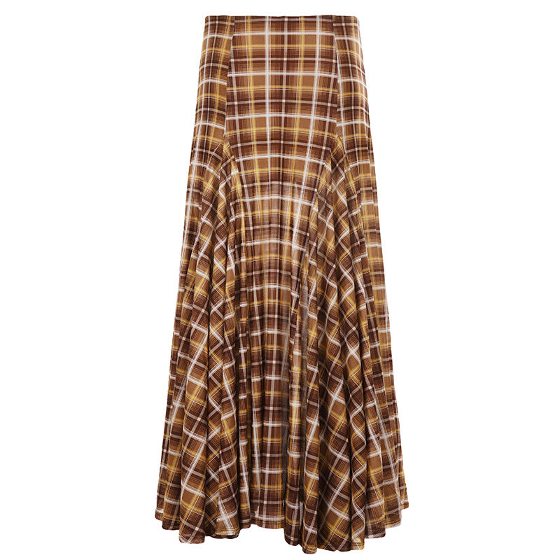 Retro Patchwork Plaid A line Long Skirt