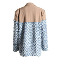 Blue Women Autumn Winter Color Contrast Patchwork Plaid Washed Worn Frayed Hem Denim Jacket