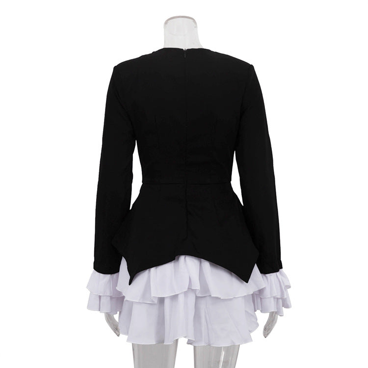 Black & White Color Contrast A-Line Dress – V Neck Flared Sleeves