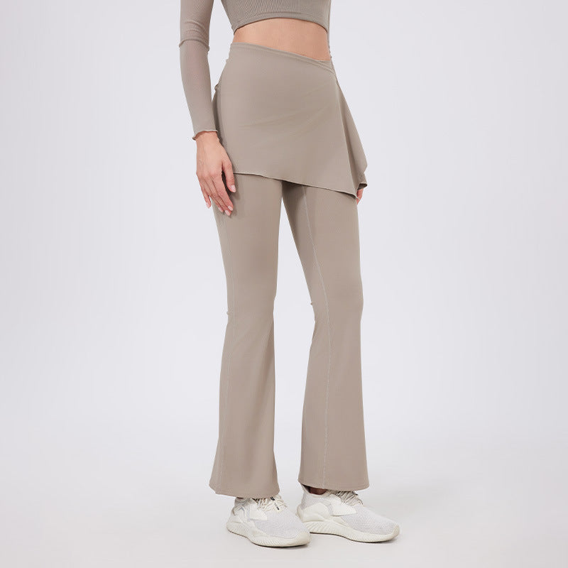 Two-Piece Yoga Set | High-Waist Pleated Bell Bottom Pants And Detachable Skirt - Modestly Vogue 
