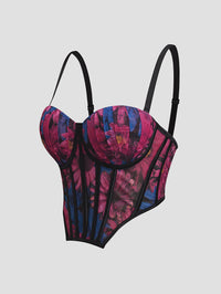 Mesh Floral Print Steel Ring Boning Corset Short Strapless Vest Underwear Sexy Spaghetti Straps Slimming - Modestly Vogue 