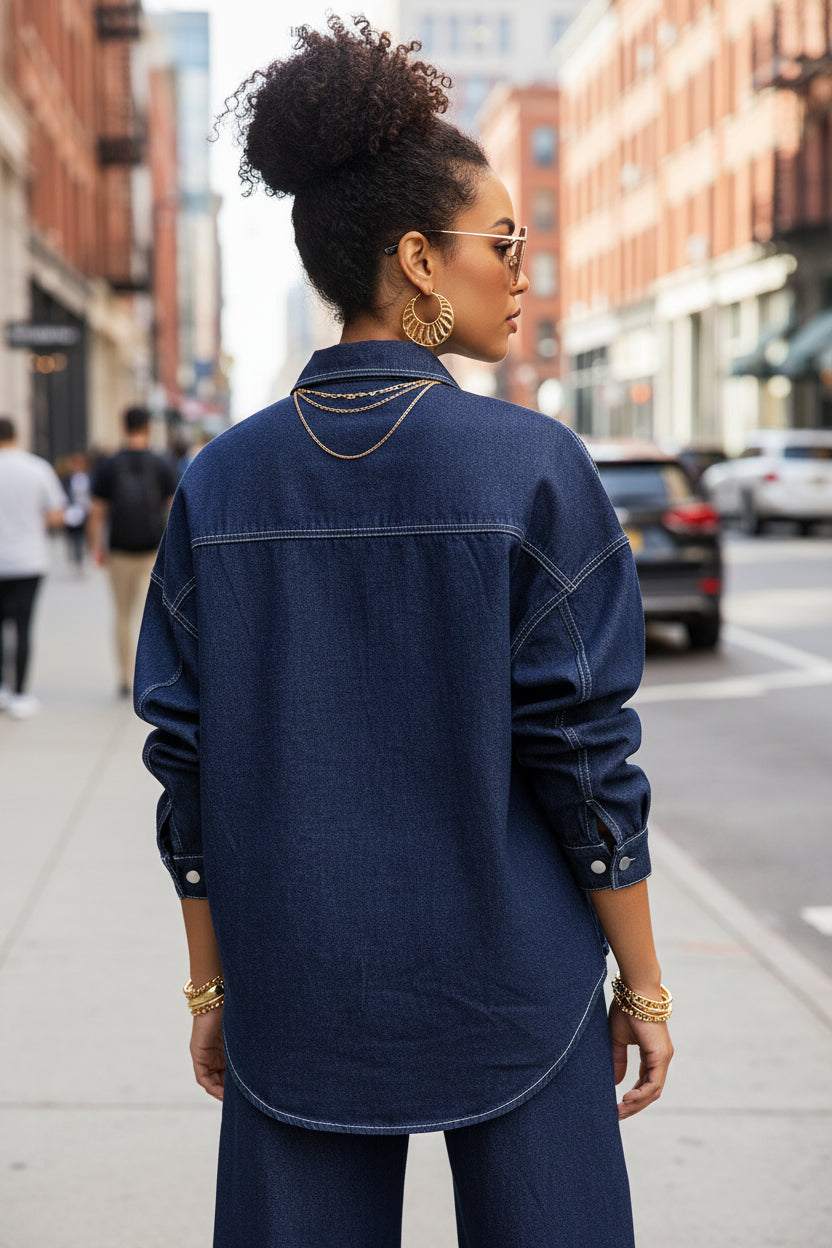 Women Clothing Personality Street Casual Slim Fit Shacket Denim Two Piece Sets - Modestly Vogue 