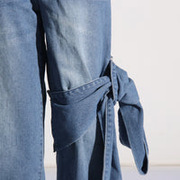 Spring Retro Washed Distressed Stitching Bow Design High Waist Slimming Straight Jeans Women - Modestly Vogue 