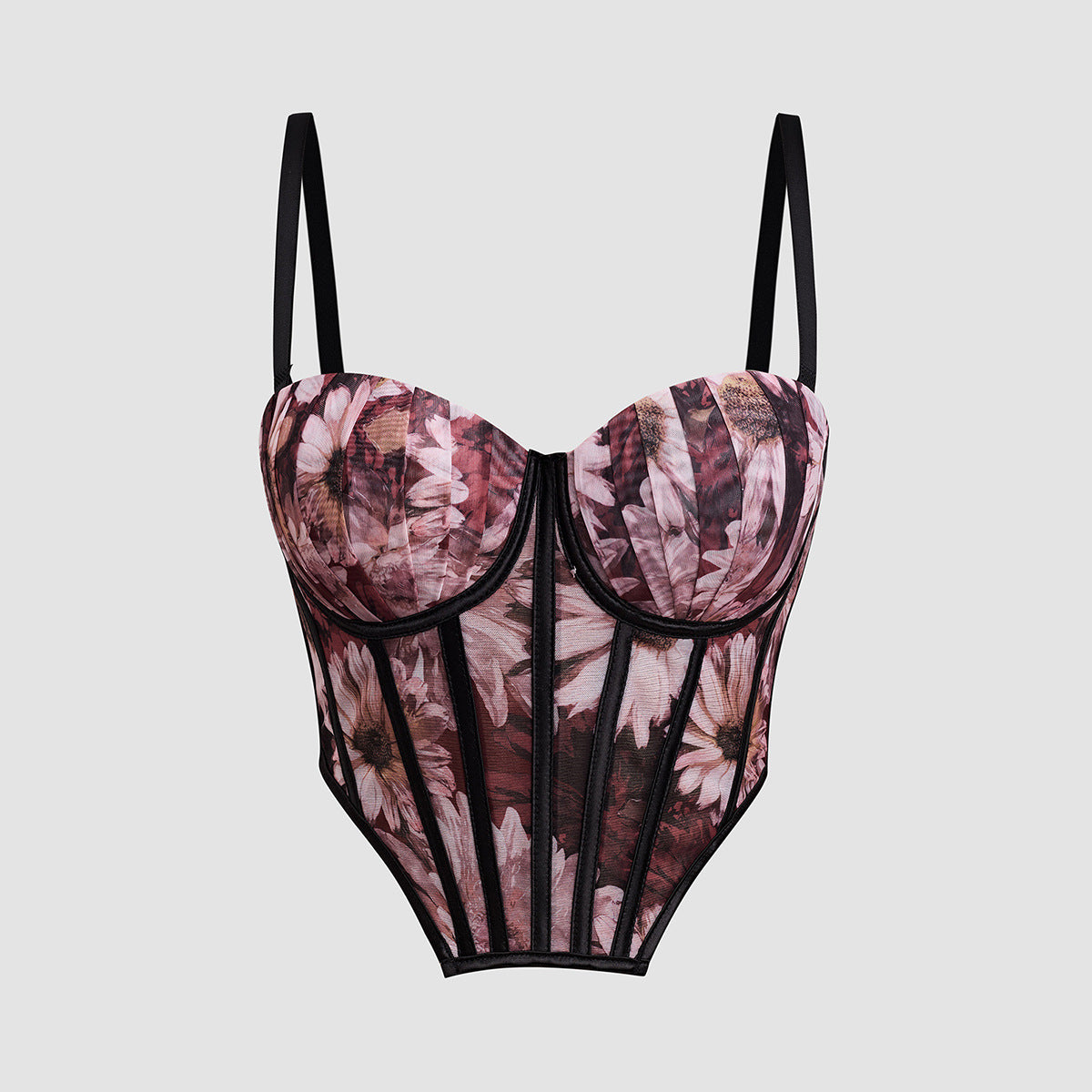 Mesh Floral Print Steel Ring Boning Corset Short Strapless Vest Underwear Sexy Spaghetti Straps Slimming - Modestly Vogue 