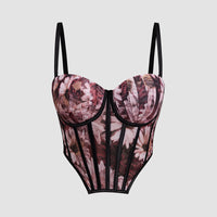Mesh Floral Print Steel Ring Boning Corset Short Strapless Vest Underwear Sexy Spaghetti Straps Slimming - Modestly Vogue 