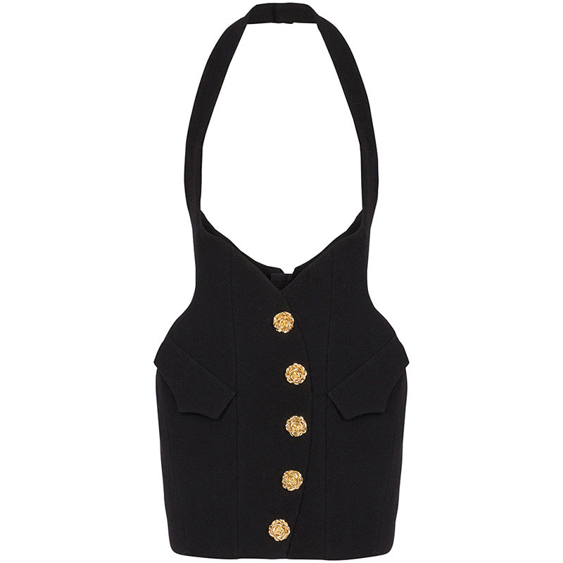 Black Star Rose Metal Buckle Halter Skirt Hip Skirt Set - Modestly Vogue 