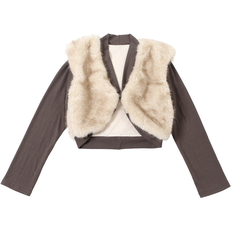 Cropped Fur Trim Sweater Jacket - Modestly Vogue 