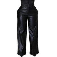 Women Clothing Solid Color Loose Wide Leg Pocket Faux Leather Pants - Modestly Vogue 