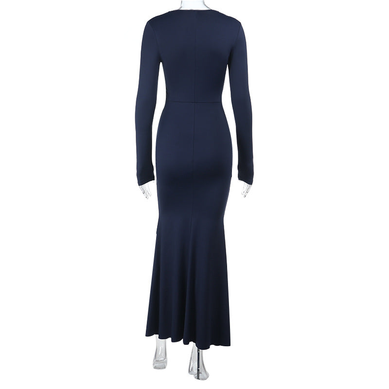 Private Wear Socialite Long Sleeve Thin Strap Slim Dress Autumn Winter Ruffled Maxi Dress - Modestly Vogue 