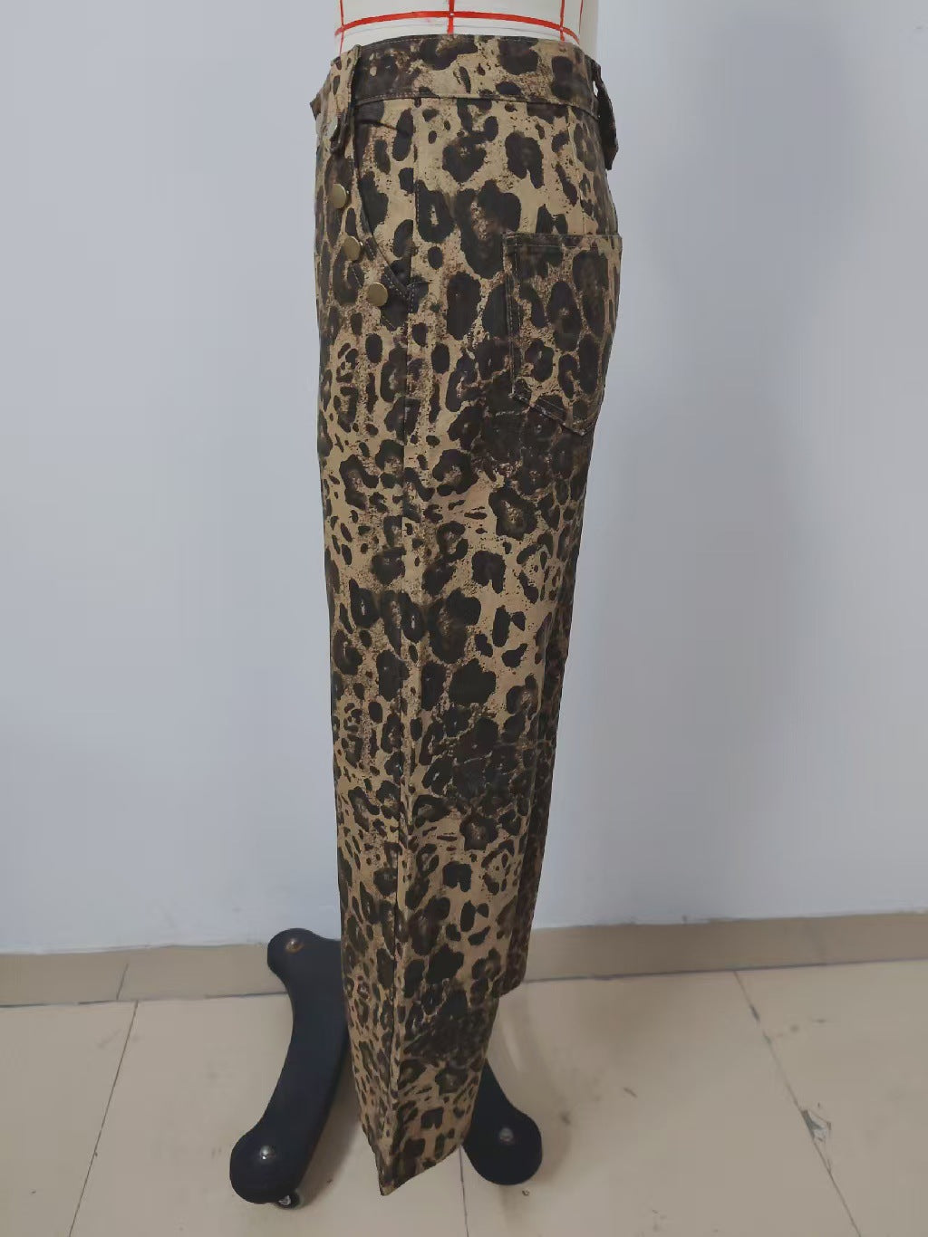 Washed Leopard Print Denim Long Sleeve Top Set for Women