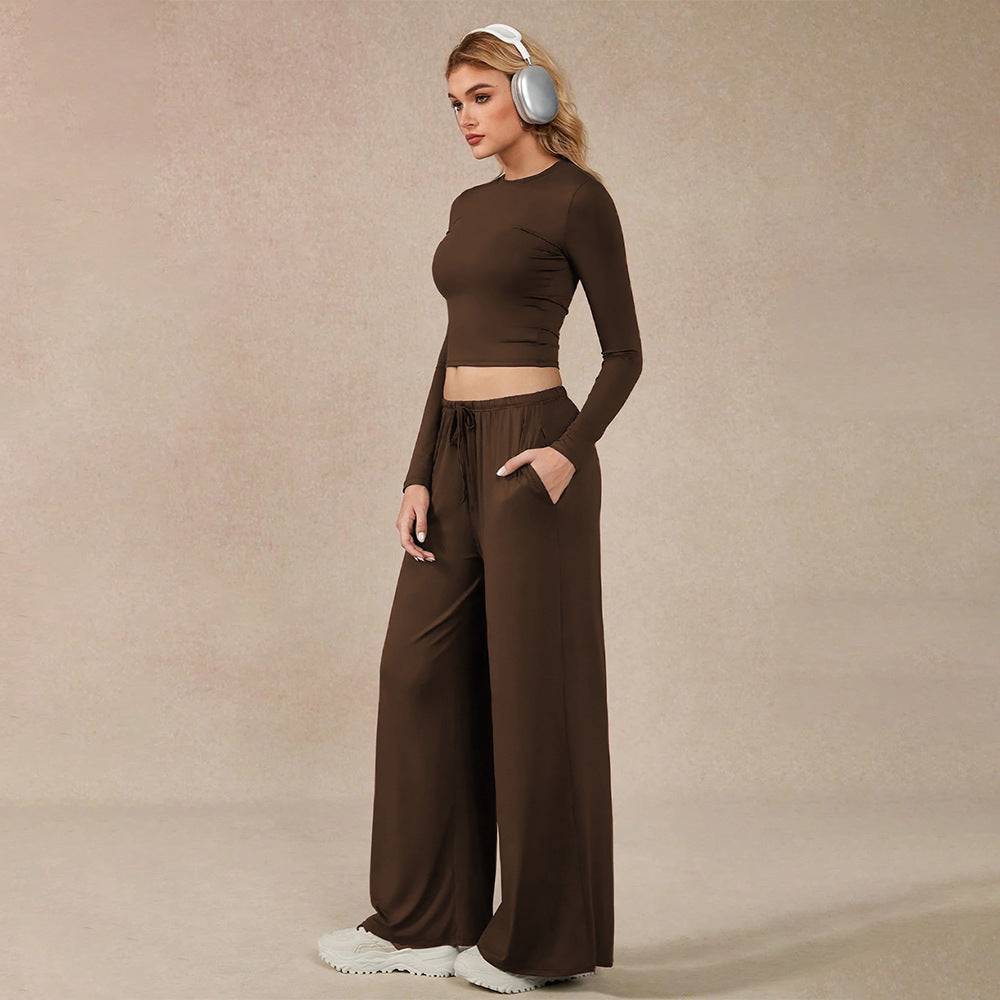 Women Two Piece Set Brown Long Sleeve Short Cropped Top Wide Leg Casual Pants Comfortable - Modestly Vogue 