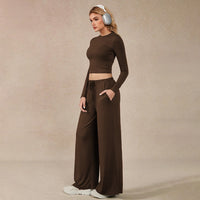 Women Two Piece Set Brown Long Sleeve Short Cropped Top Wide Leg Casual Pants Comfortable - Modestly Vogue 