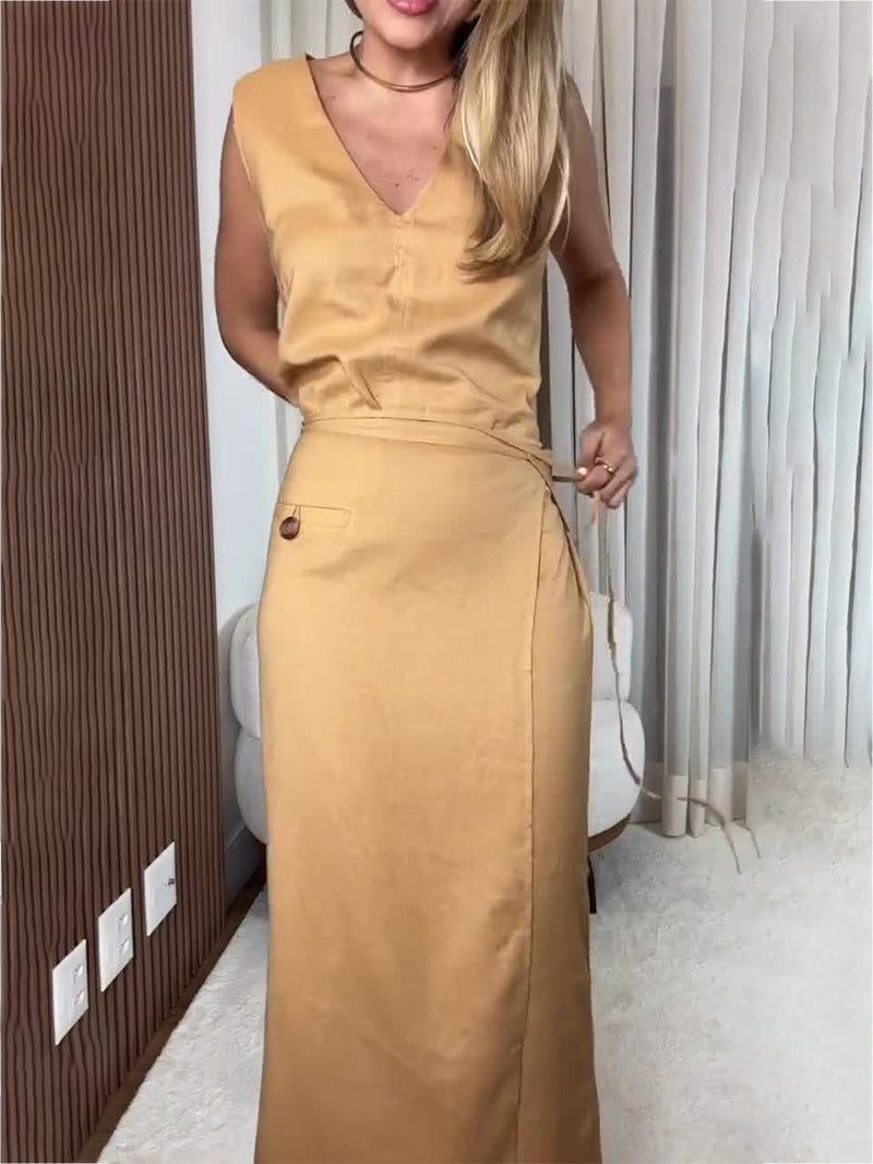 V Neck Sleeveless Irregular Asymmetric Lace Up Slim Dress Faux Two Piece Split Women Clothing - Modestly Vogue 