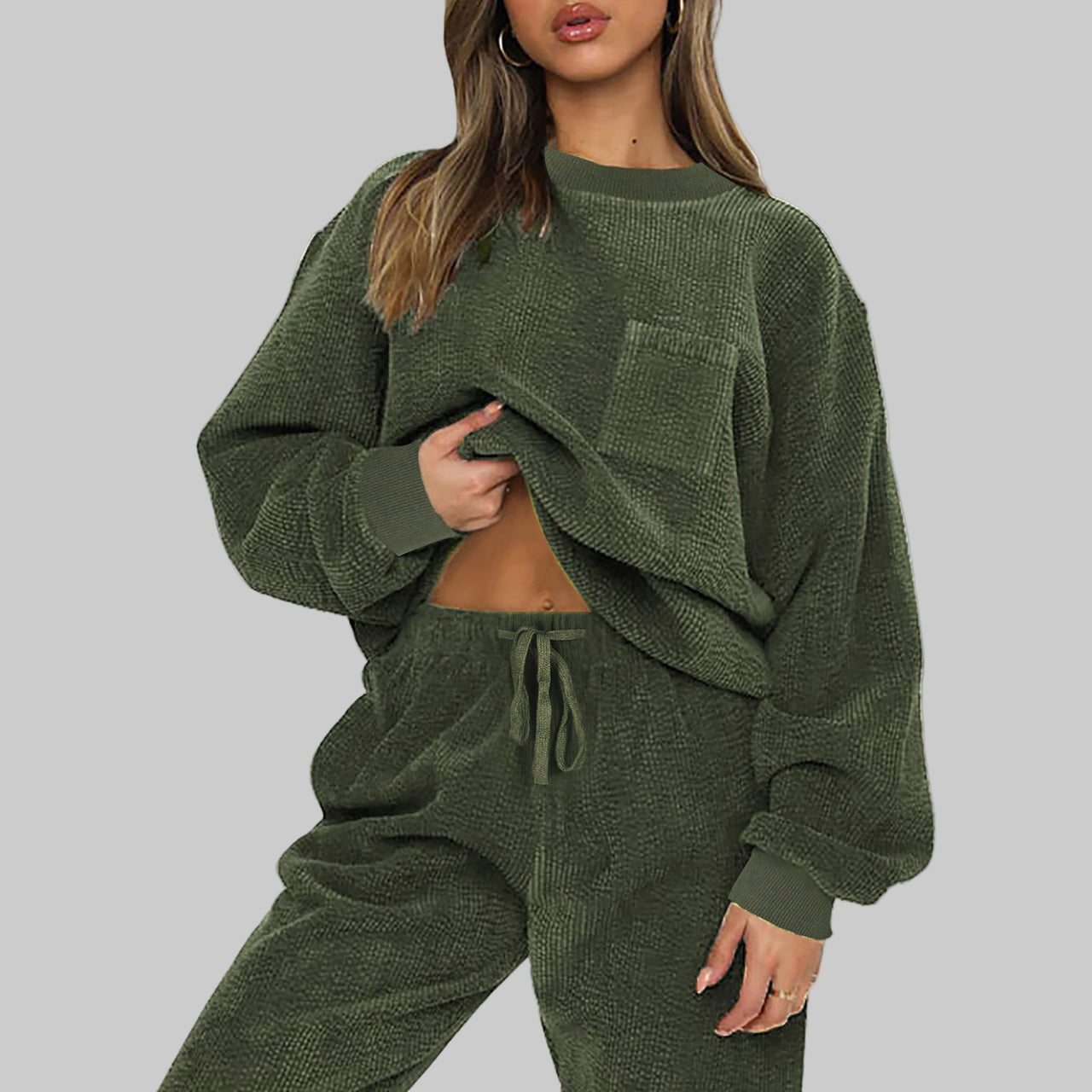 Spring Autumn Winter Women round Neck Long Sleeved Trousers Solid Color Casual Set - Modestly Vogue 