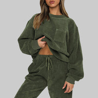 Spring Autumn Winter Women round Neck Long Sleeved Trousers Solid Color Casual Set - Modestly Vogue 