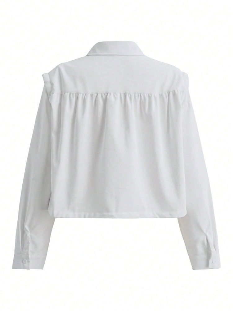 Spring Summer Women Solid Color Single Breasted Drawstring Ruffle Shirt - Modestly Vogue 