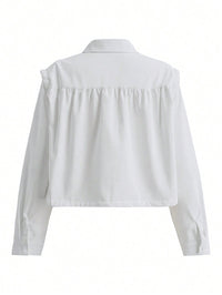 Spring Summer Women Solid Color Single Breasted Drawstring Ruffle Shirt - Modestly Vogue 