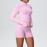 Stand Collar Knitted Long Sleeve Zipper Yoga Jacket Tight Quick Drying Yoga Shorts Fitness Yoga Wear Set for Women - Modestly Vogue 