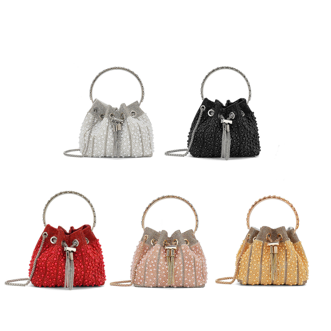 Diamond Beaded Dinner Bag – Fully Jewelled Tassel Bucket Handbag