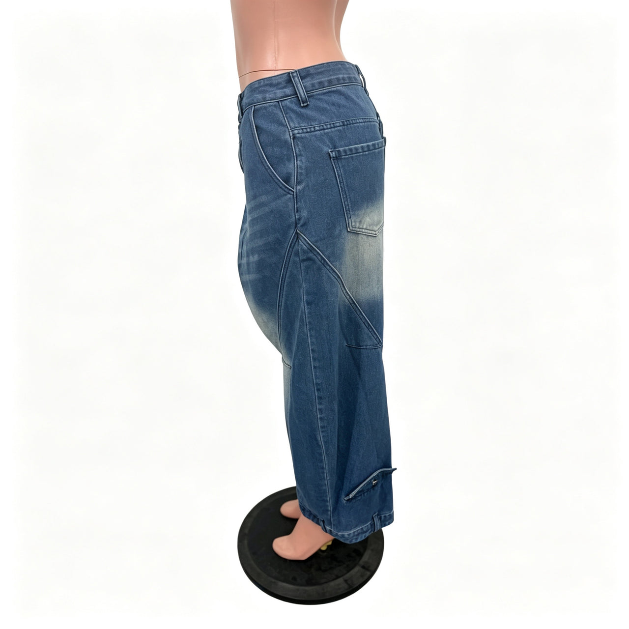 Washed Distressed Pocket Wide Loose Jeans Women