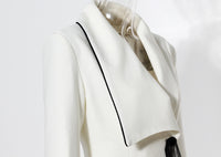 White and Black Asymmetric Pleated Elegant Ruffled Contrast Color Long Blazer Dress - Modestly Vogue 