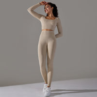 Seamless Knitted Long Sleeve Exercise Workout Pants Quick Drying Jacquard Breathable Hip Lifting Running Yoga Clothes Suit