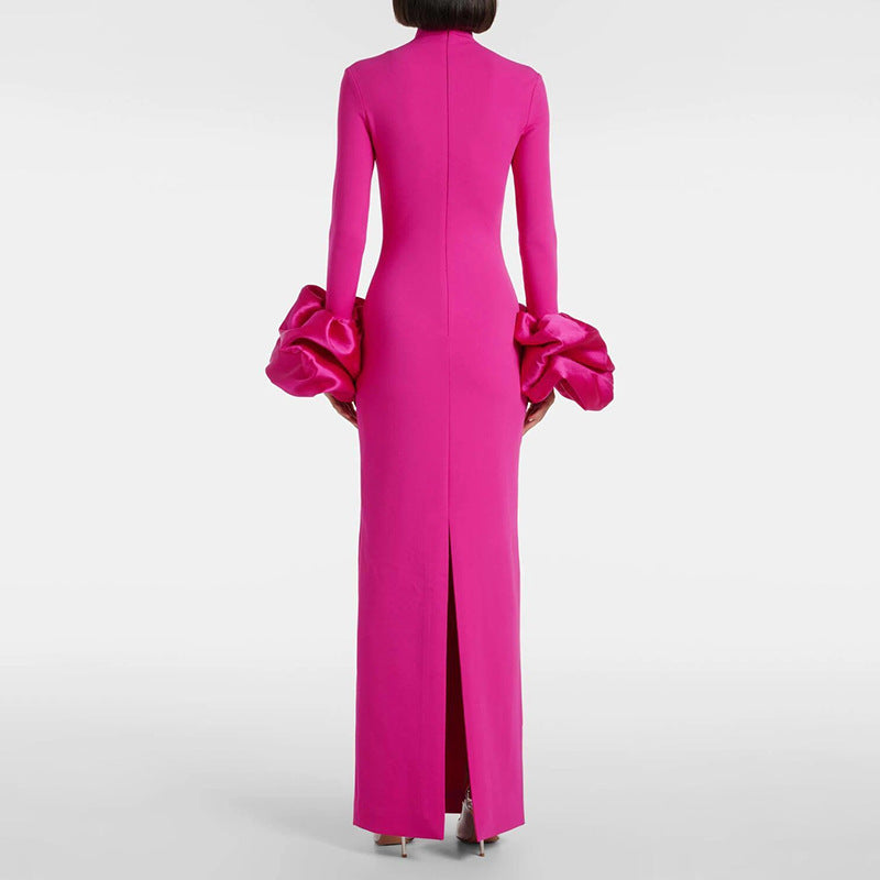 Pink High Neck Collar Cuff Large Floral Maxi Formal Dress - Modestly Vogue 