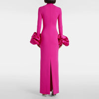 Pink High Neck Collar Cuff Large Floral Maxi Formal Dress - Modestly Vogue 