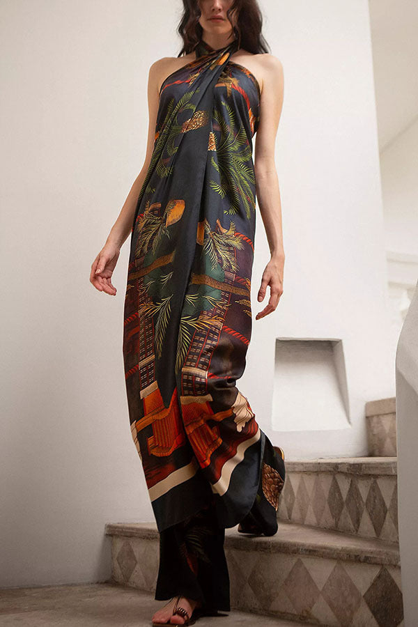 Summer Vintage Print Straight Wide Leg Pants Cross Halterneck Top Two Piece Sets - Modestly Vogue 