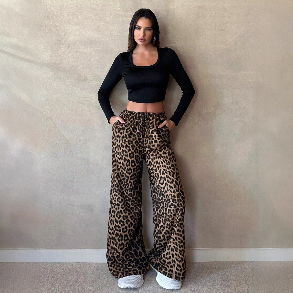Women’s High Waist Leopard Print Satin Wide Leg Pants - Modestly Vogue 