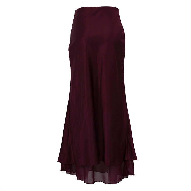 Women Clothing Satin Skirt Women Spring Summer Patchwork Mesh Double Layer Design Sheath - Modestly Vogue 