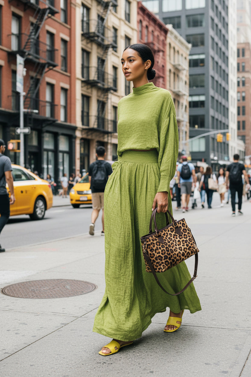 Lazy Green High Collar Loose Knitted Top Skirt Two Piece Sets - Modestly Vogue 