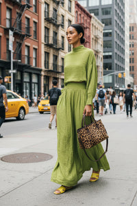 Lazy Green High Collar Loose Knitted Top Skirt Two Piece Sets - Modestly Vogue 