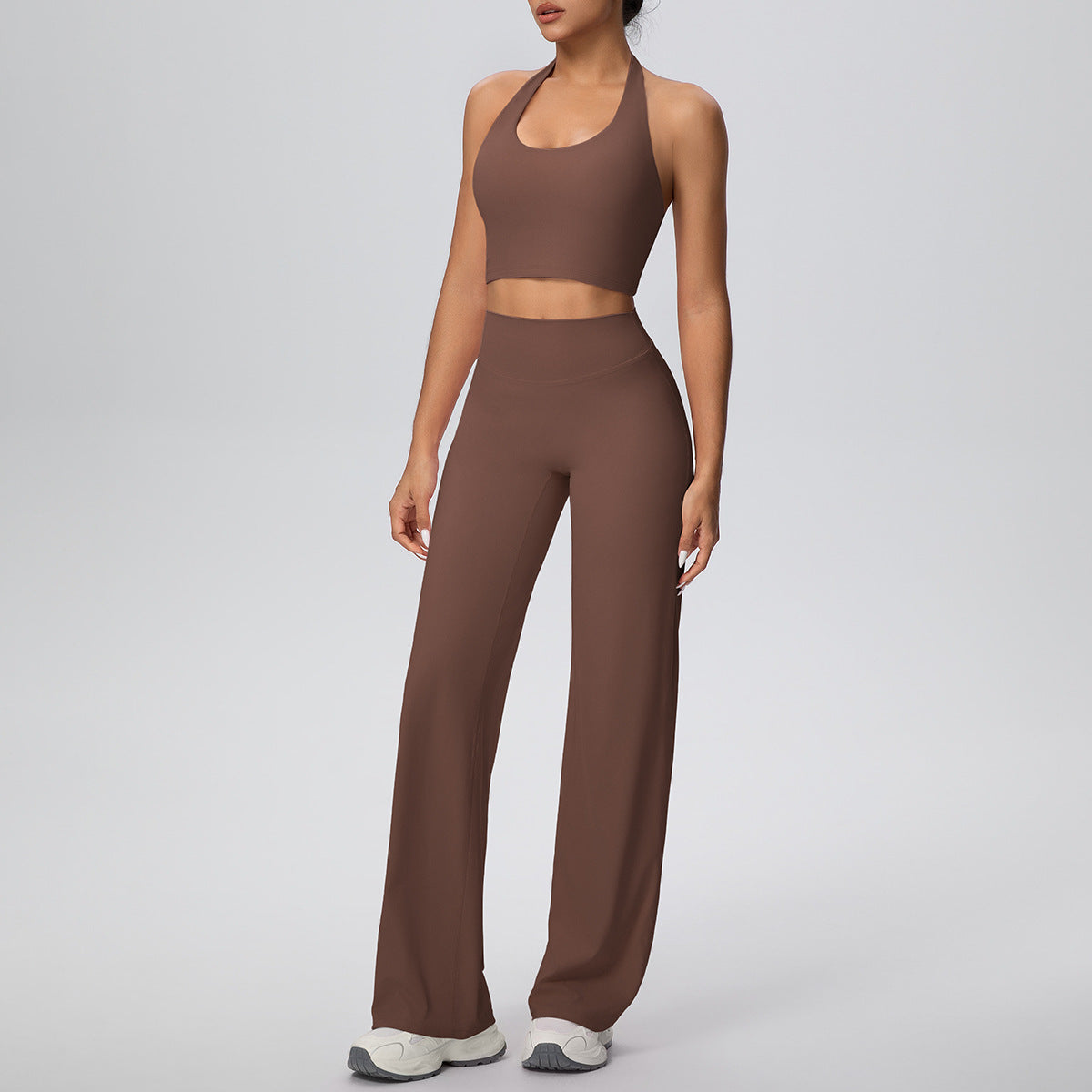 Micro Brushed Halter Exercise Baggy Straight Pants Fitness Yoga Wear Set