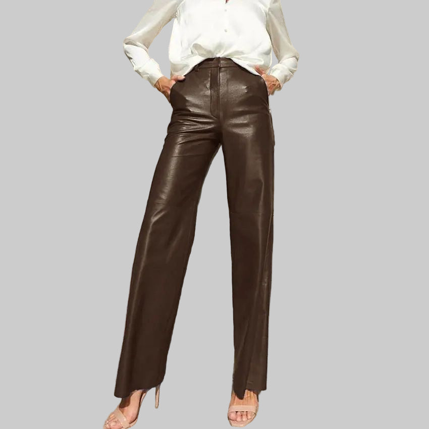 Women’s Spring Faux Leather High Waist Hip Lifting Straight Pants