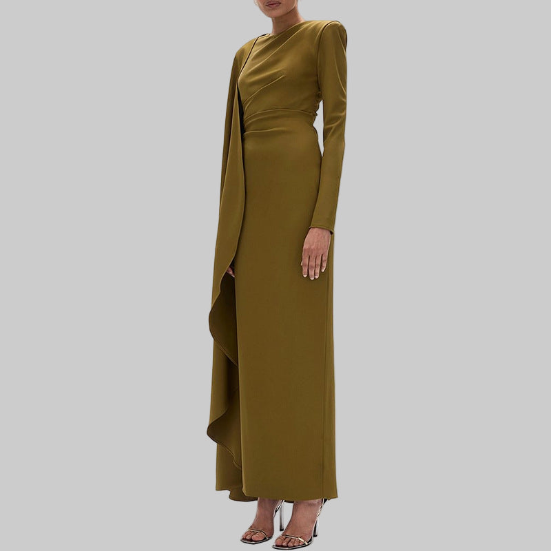 Earthtone Dress Women Solid Color round Neck Irregular Asymmetric Shawl Dress - Modestly Vogue 