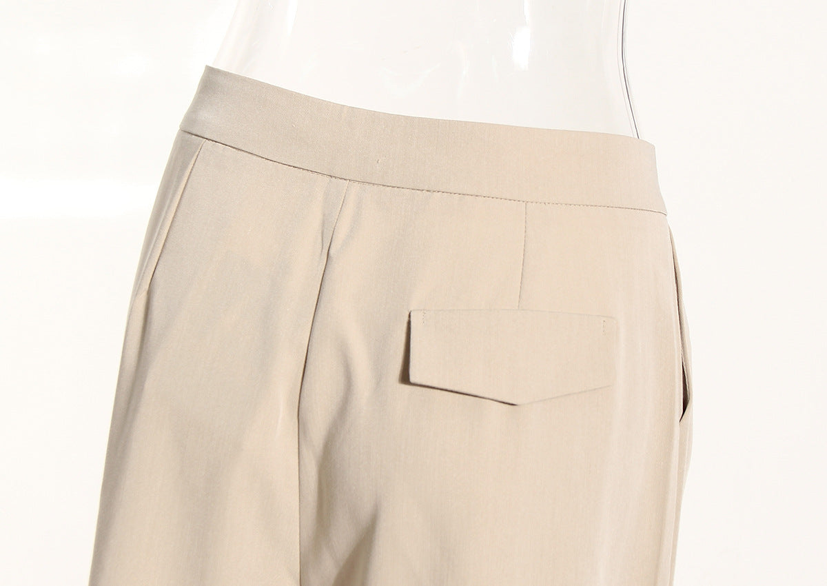 Neutral Classic All Matching Casual Pants Women Spring Summer High Waist on Both Sides Metal Buckle Slim Fit Flab Ankle Length Pants - Modestly Vogue 