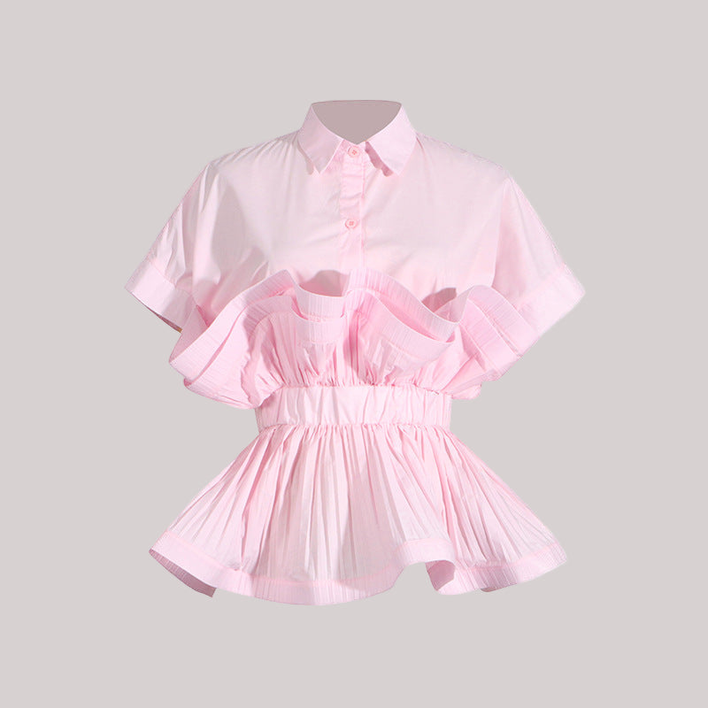 Pastel Collar Ruffled Stitching Design Tight Waist Slimming High Grade Short Sleeve Shirt for Women