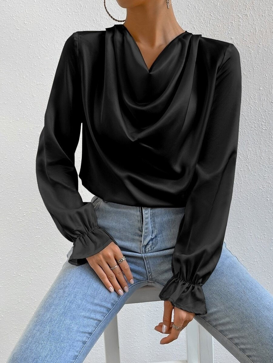 Women’s Ruffle Sleeve Satin Shirt – Elegant Long Sleeve Blouse - Modestly Vogue 