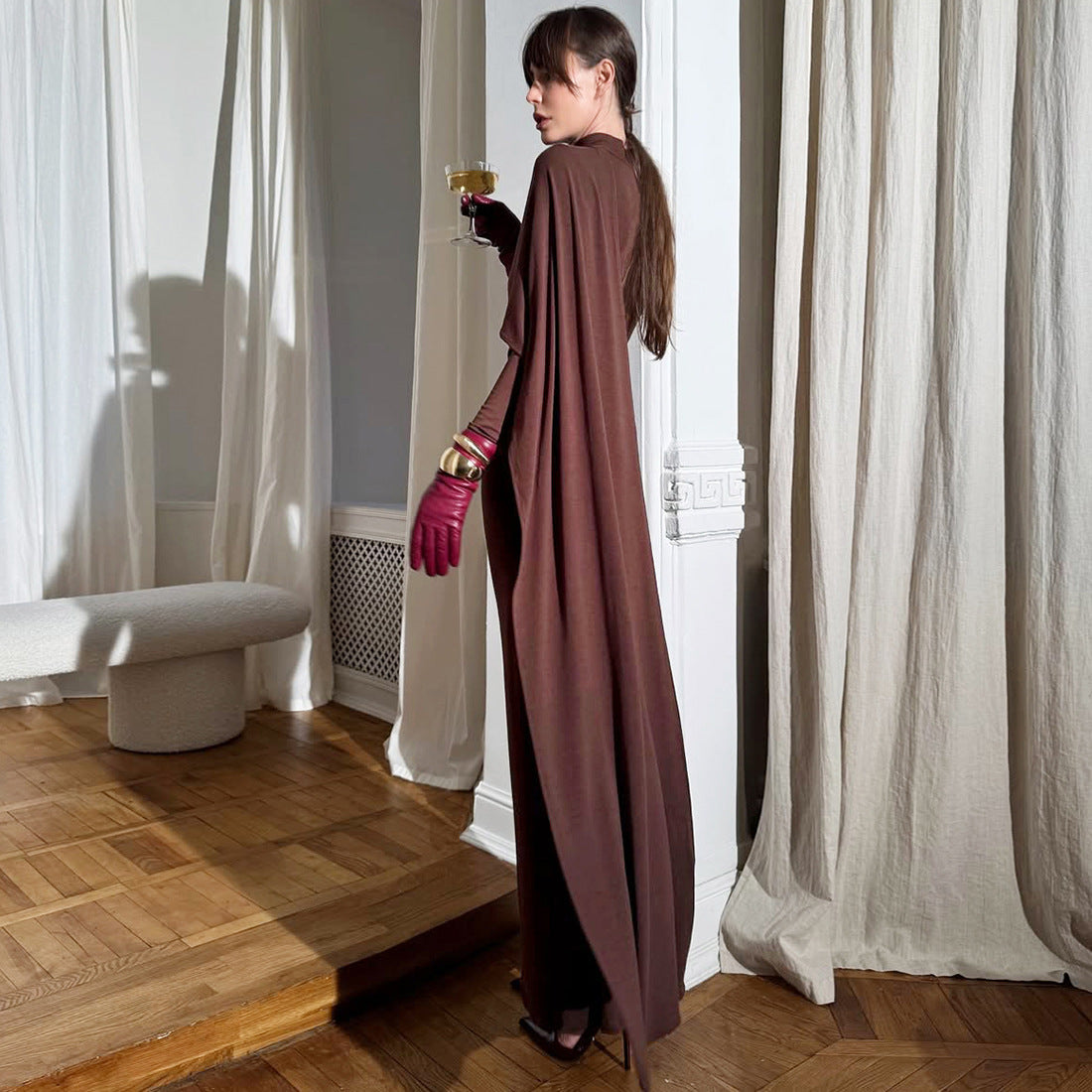 Brown Elegant High Neck Long Sleeves Flowing Scarf Maxi Dress - Modestly Vogue 